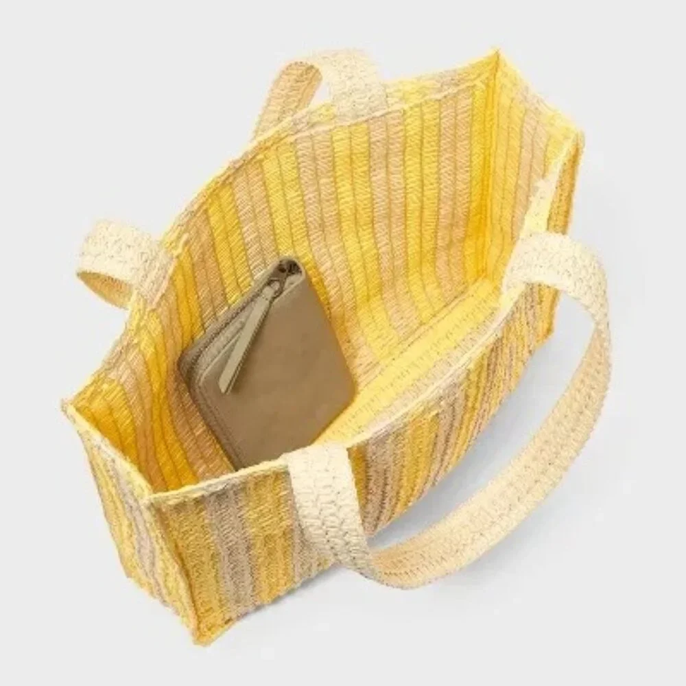 Universal Thread Crochet Woven Handbag Yellow Beige Tote Single Compartment - Picture 4 of 11